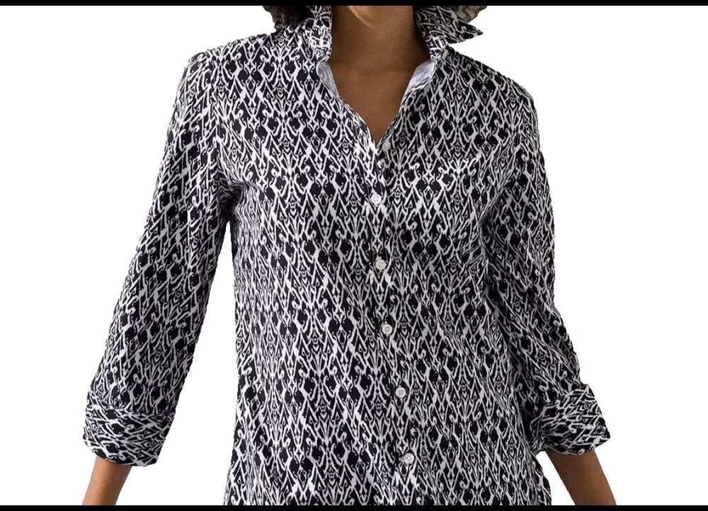 Chicos Black White Button Front Ikat Print Size 14 No-Iron Stretch Blouse NWT